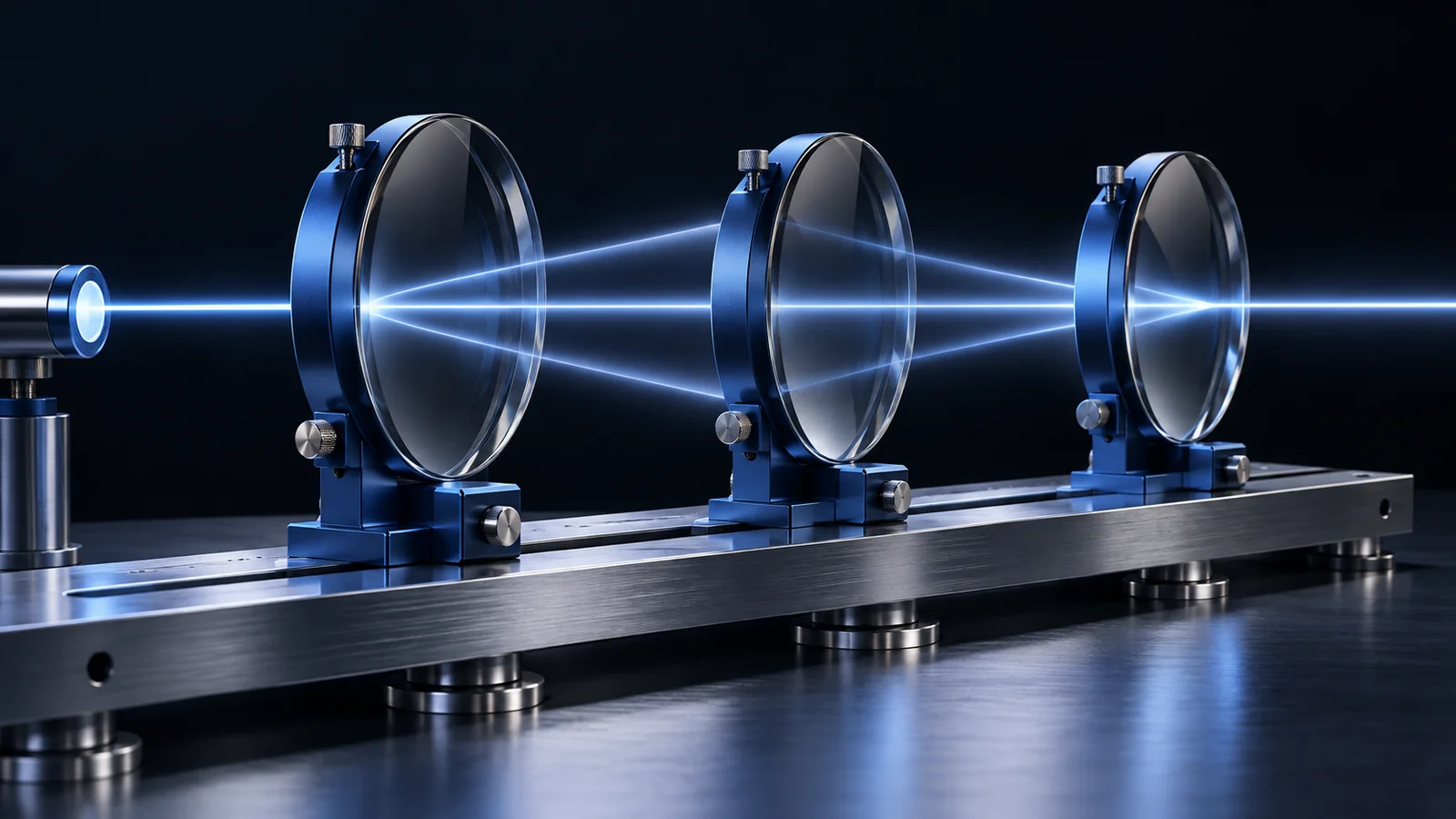 Conceptual illustration of a blue light beam splitting into possible paths through three glass lenses.
