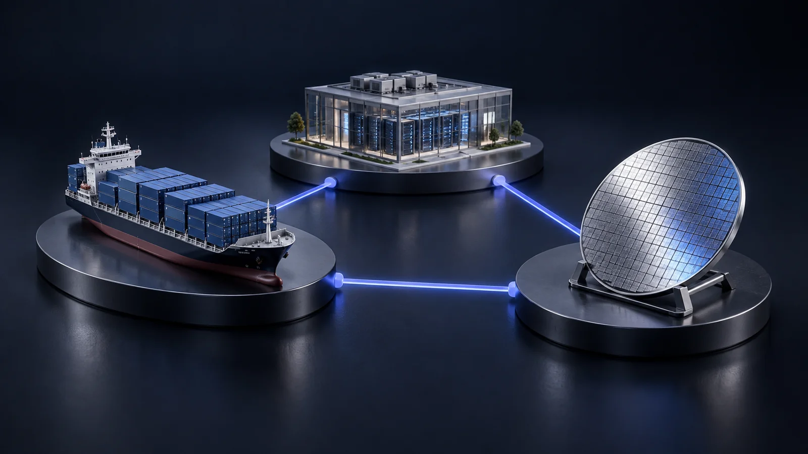 Conceptual models of a container ship, data center and semiconductor wafer connected by blue light channels.