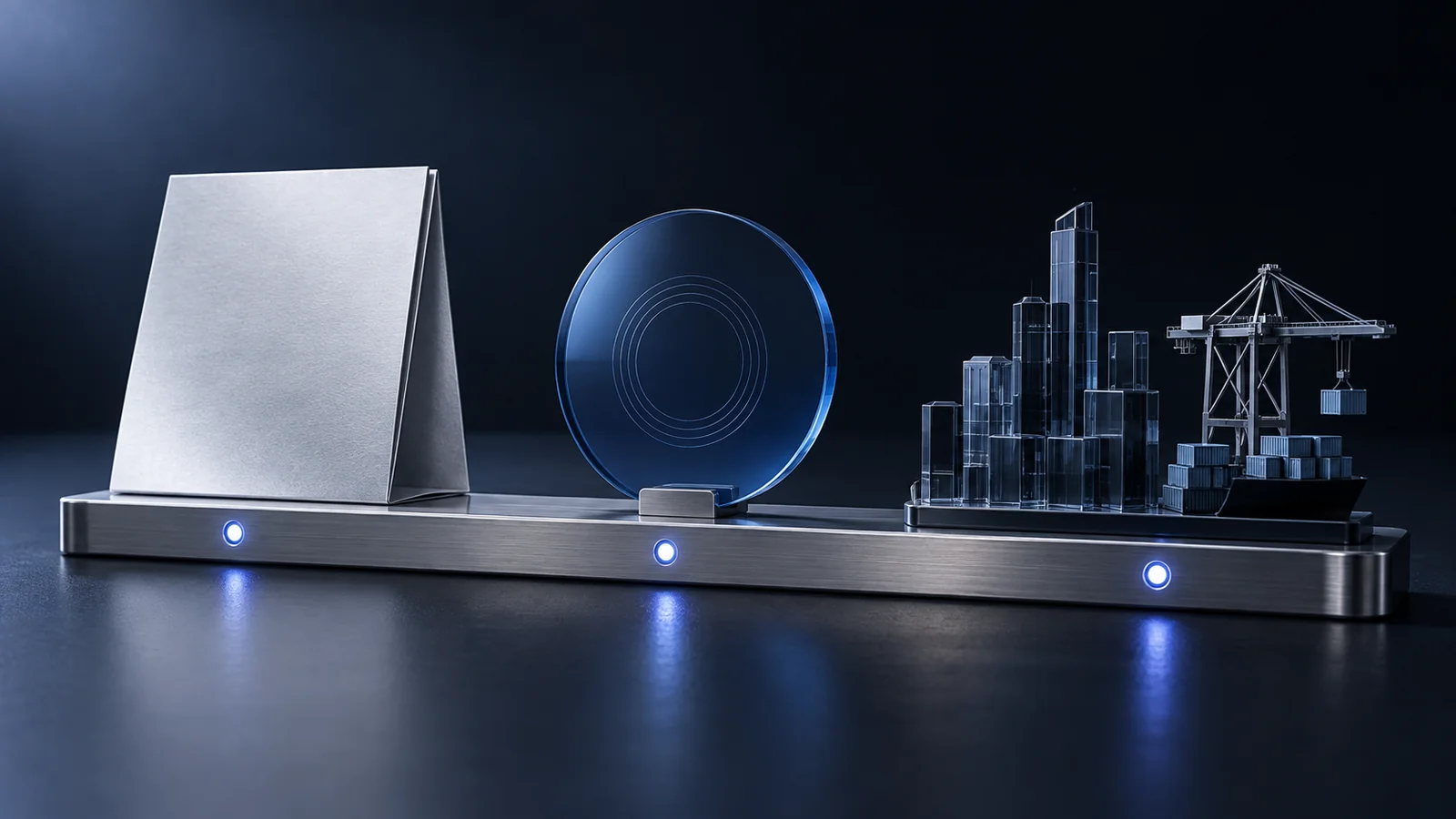 Conceptual illustration of a document, glass disc and miniature port arranged at three points along a rail.